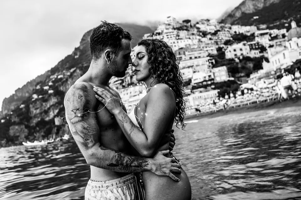 Black and white intimate couple portrait