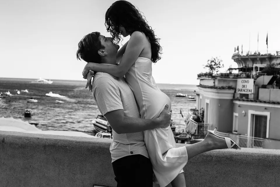Black and white couple portrait on the coast
